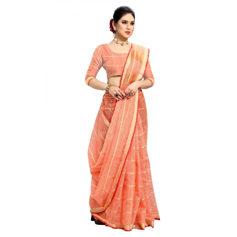 Pretty Kota Doria Cotton Checkered Saree With Blouse piece