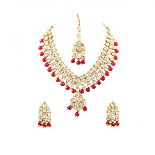 Precious Maroon Beads Gold Plated Kundan Necklace Set For Women