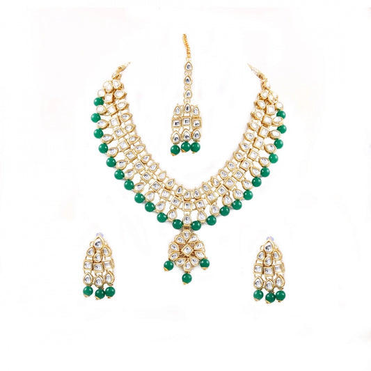 Precious Green Beads Gold Plated Kundan Necklace Set For Women
