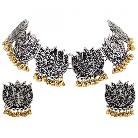 Precious Antique Silver Oxidised Plated Tribal Afghani Necklace With Earrings Set For Women