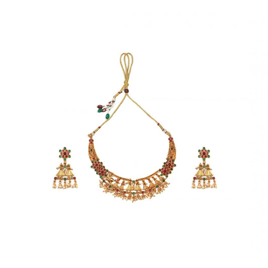Classic Temple Elegance Gold Plated Necklace and Earrings Set