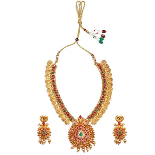 Unique Gold Plated Temple Necklace and Earrings Set with Pearls