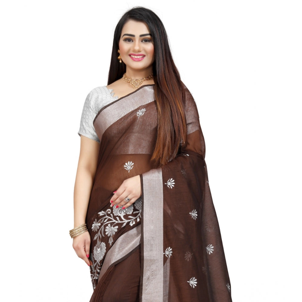 Facinating Cotton Silk Embroidered Saree With Blouse Piece