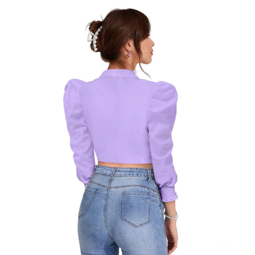 Jaunty Women's Polyester Solid Puff Sleeves Lapel Collar Top
