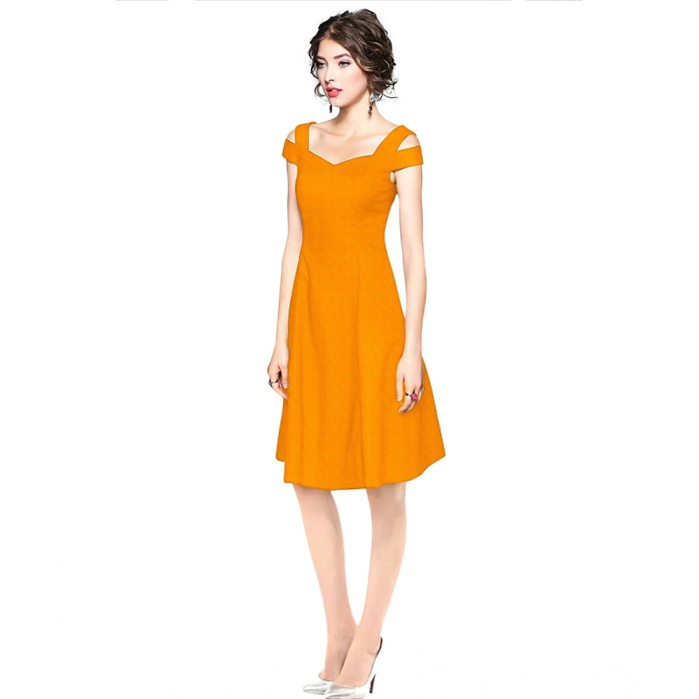 Feminine Women's Polyster Solid V Neck Cap Sleeve off Sholder Dress