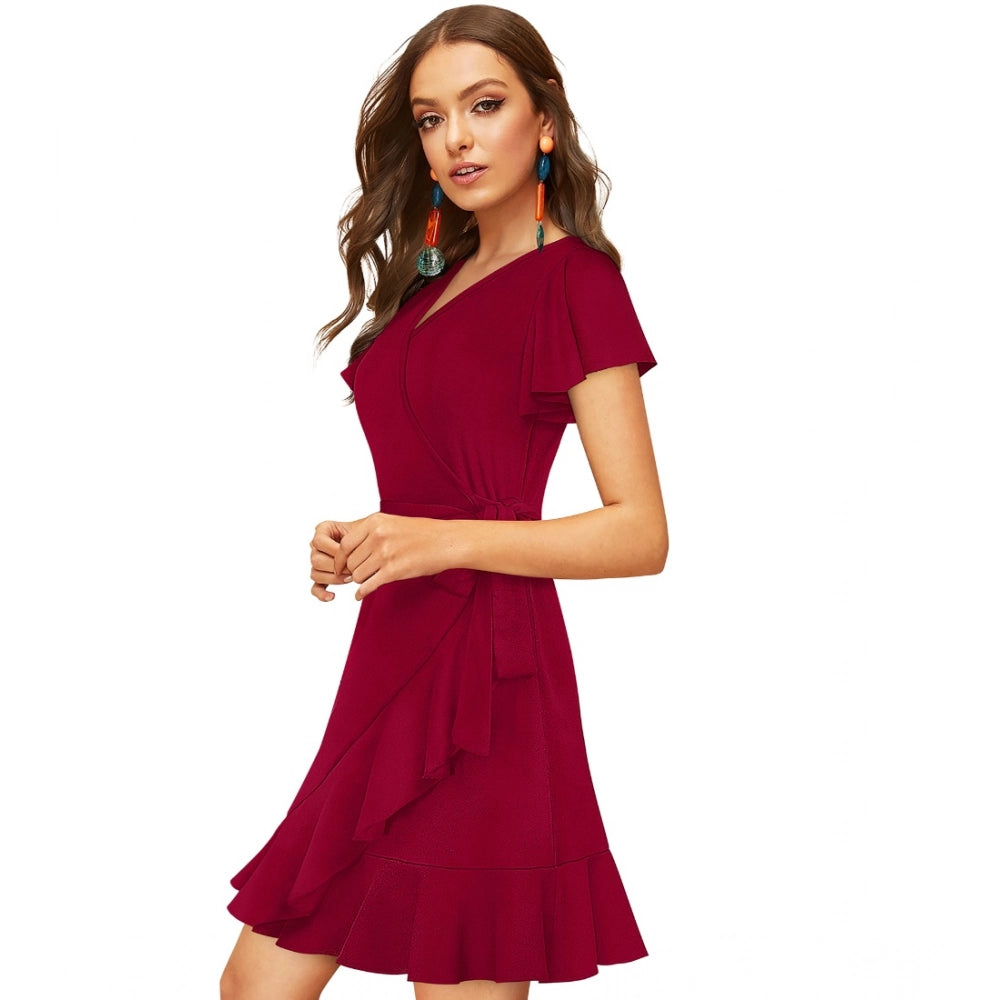 Fashionista Women's Knitting strachable Solid V Neck Flaired Sleeve Dress