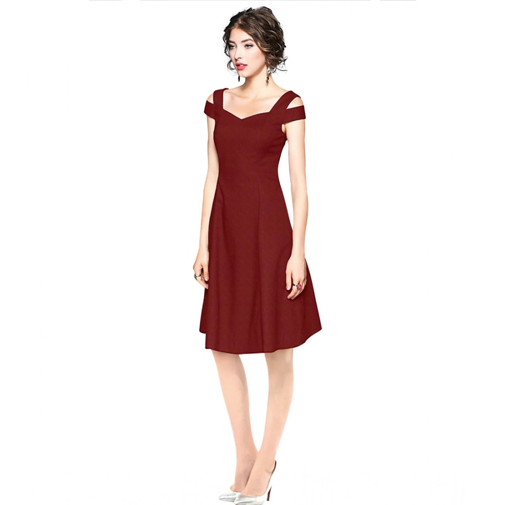 Feminine Women's Polyster Solid V Neck Cap Sleeve off Sholder Dress