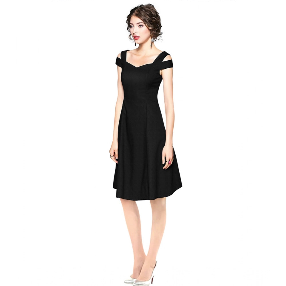 Feminine Women's Polyster Solid V Neck Cap Sleeve off Sholder Dress