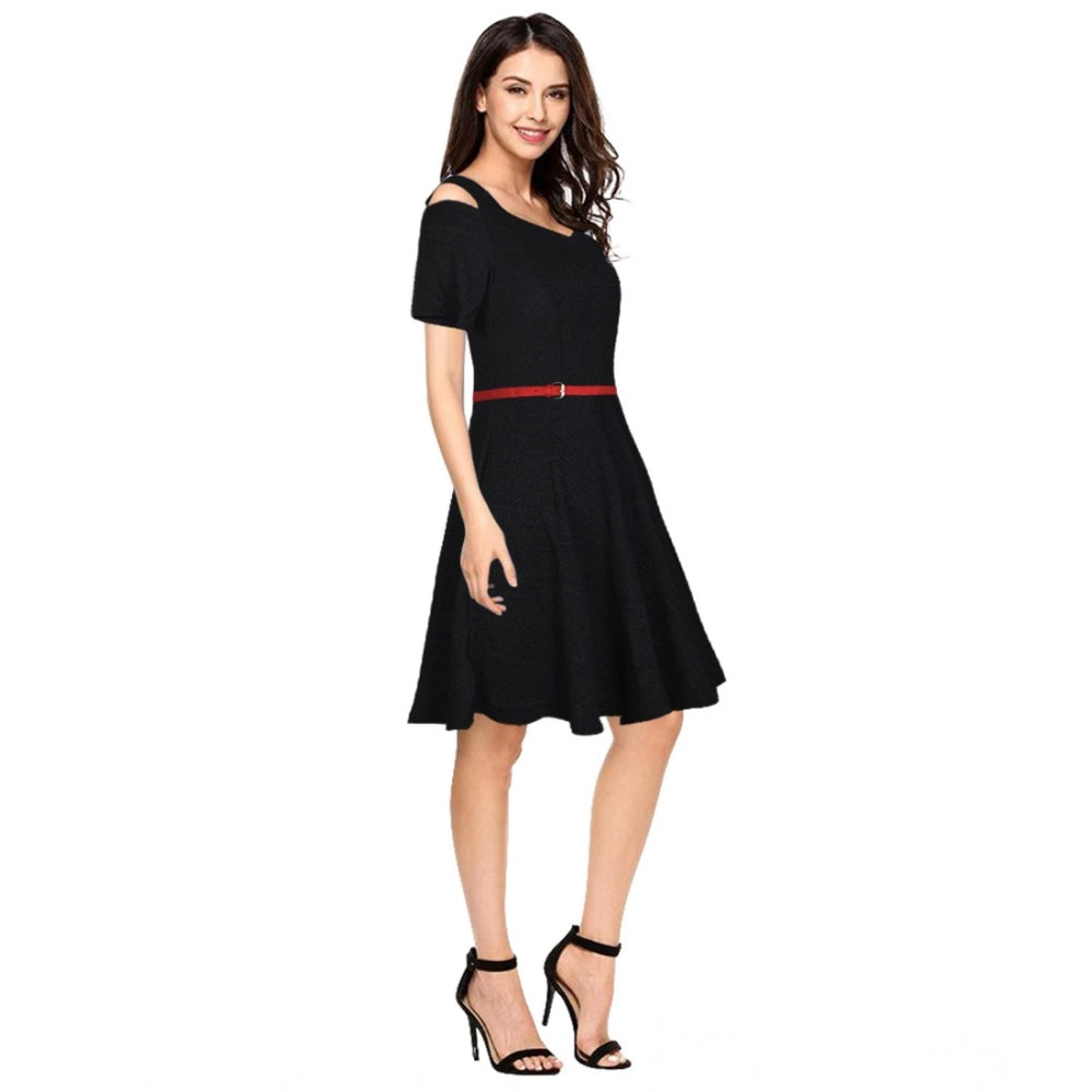 Feminine Women's Polyster Solid V Neck Cap Sleeve Dress