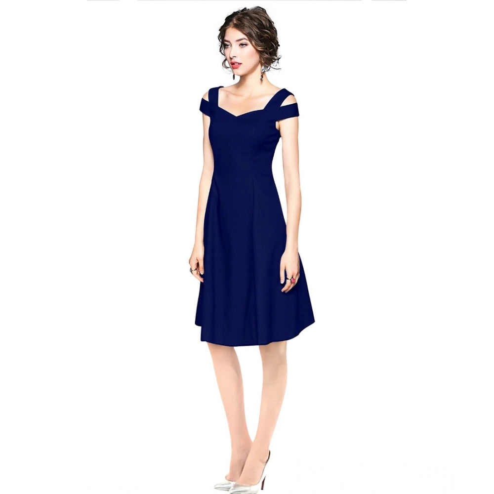 Feminine Women's Polyster Solid V Neck Cap Sleeve off Sholder Dress