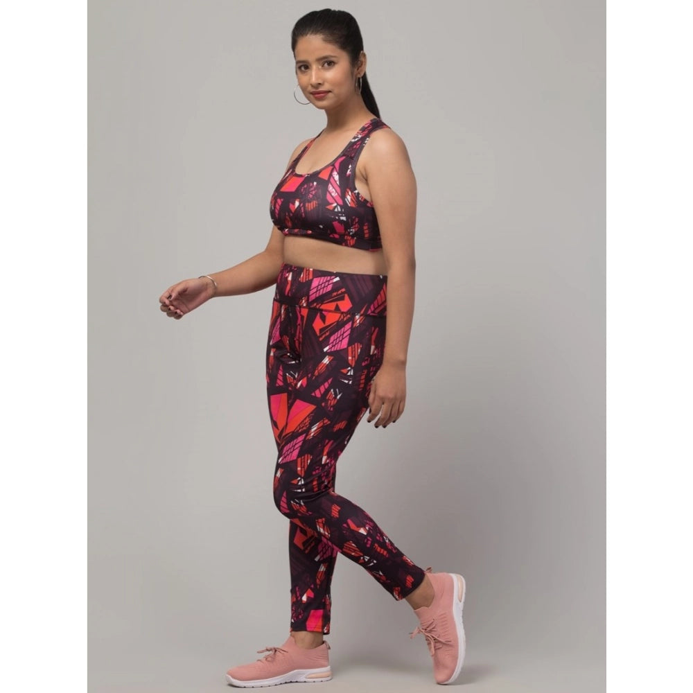 Wonderful Women's Polyester Spandex Printed Ankle Length High Rise Slip On Tights and Bra Set