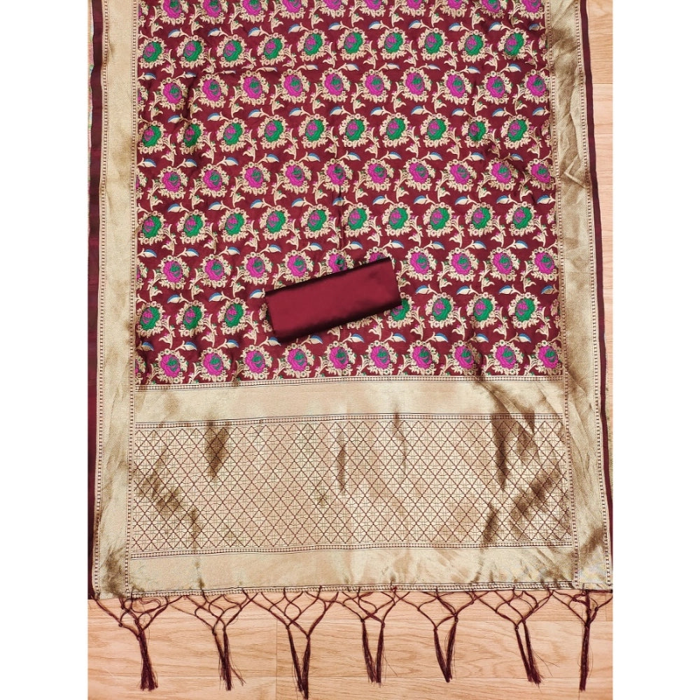 Ethnic Women's Banarasi Silk Printed Unstitched Salwar Suit Dress Material With Dupatta