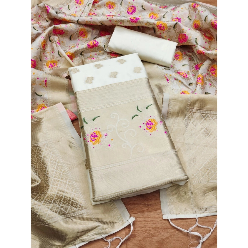 Elegant Women's Banarasi Silk Printed Unstitched Salwar Suit Dress Material With Dupatta