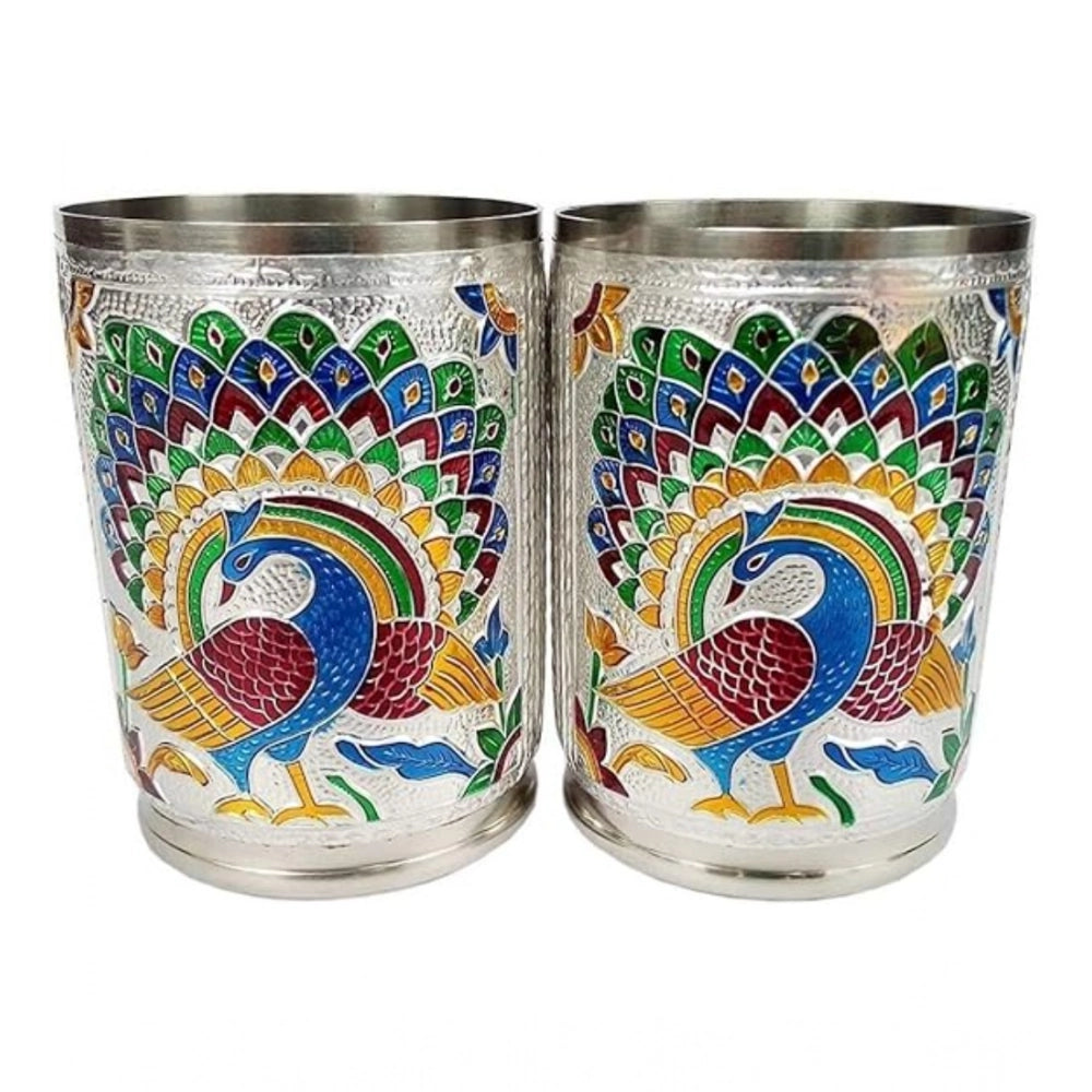 Fancy Steel Meenakari Peacock Design Decorative Glass Set