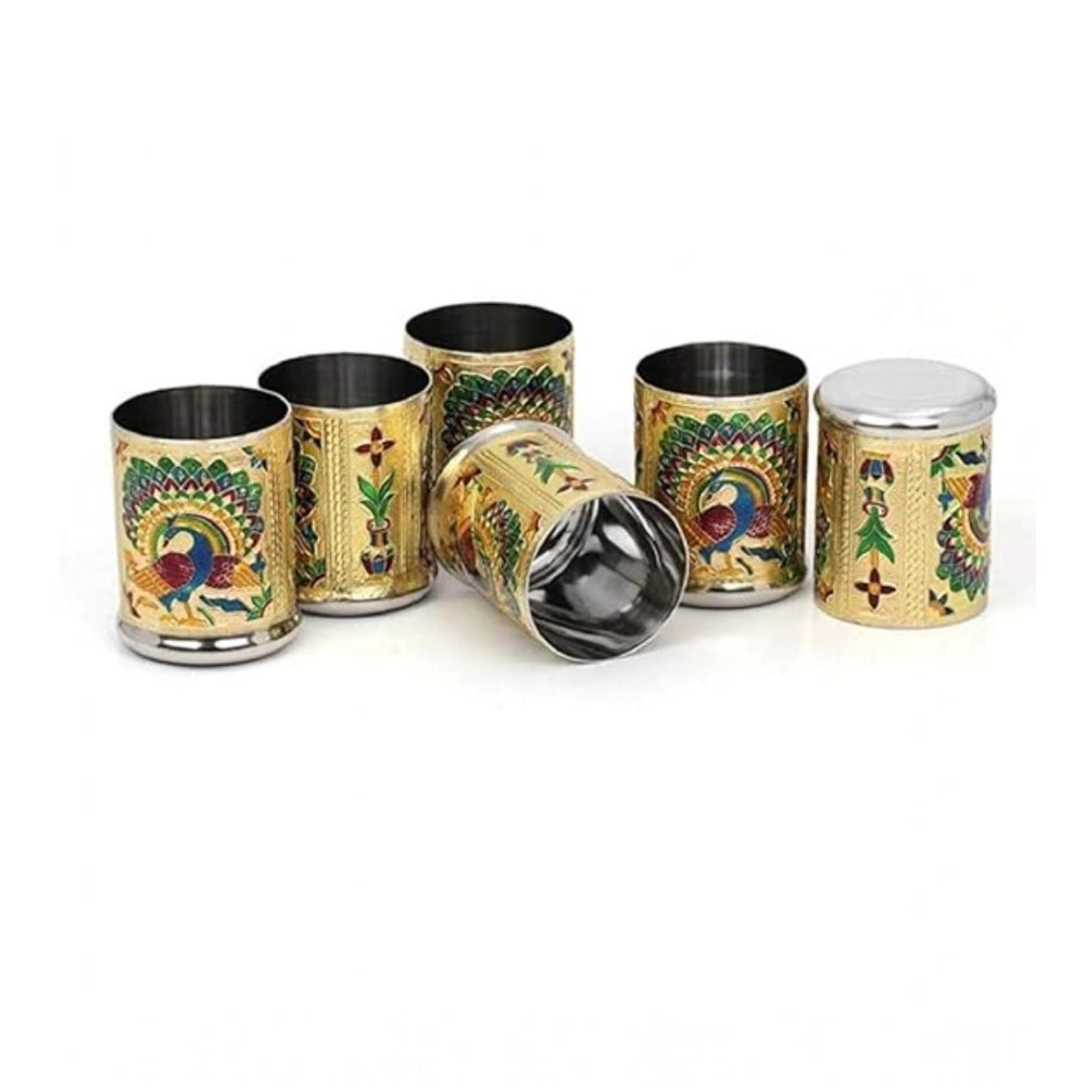 Fancy Steel Meenakari Peacock Design Decorative Glass Set