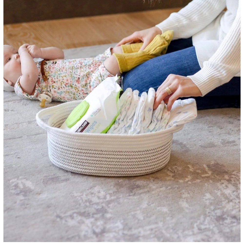 Contemporary Cotton Zigzag Oval Basket Pack of 3 Storage Basket For Clothes