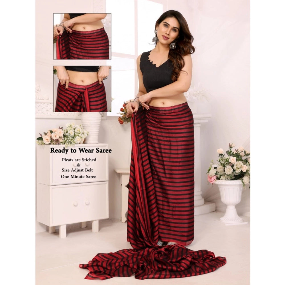 Amazing Women's Black Berry Striped Ready to Wear Saree With Blouse Piece