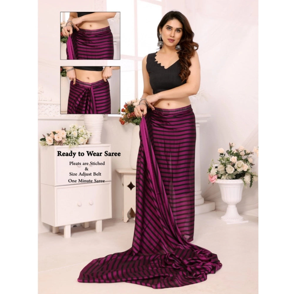 Amazing Women's Black Berry Striped Ready to Wear Saree With Blouse Piece