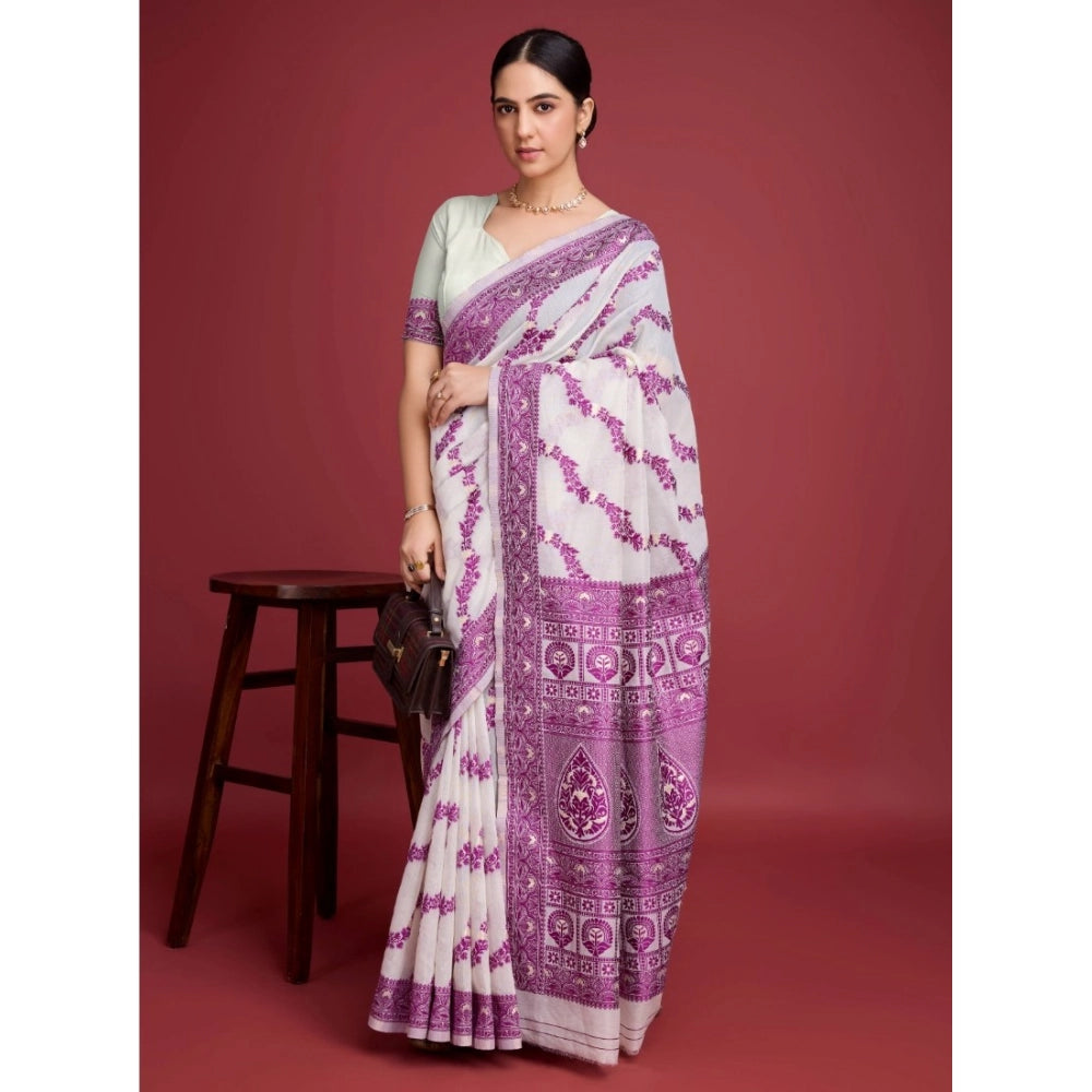 Stunning Women's Jamdani Cotton Silk Printed Saree With Blouse Piece
