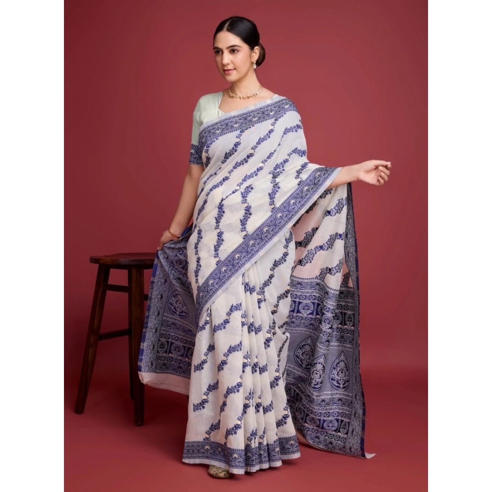 Stunning Women's Jamdani Cotton Silk Printed Saree With Blouse Piece