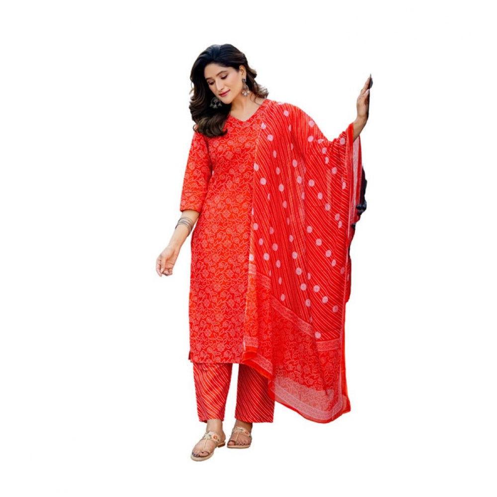 Voguish Women's Cotton Blend Printed Kurti With Pant Dupatta Set