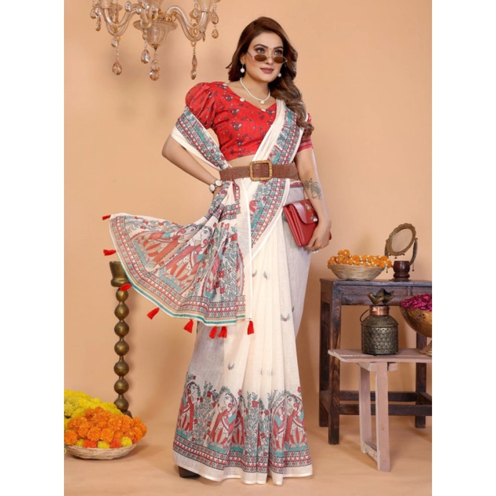 Designer Women's Linen Cotton Printed Saree With Blouse Piece