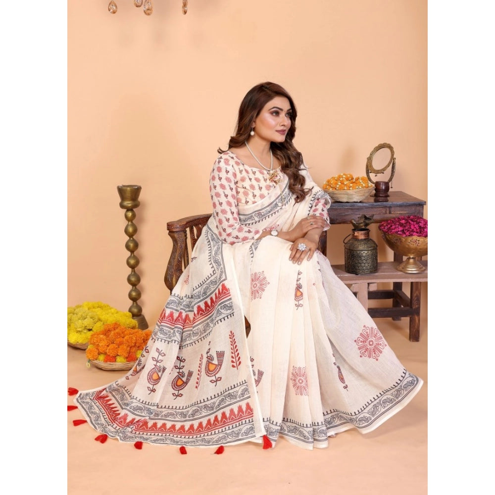 Designer Women's Linen Cotton Printed Saree With Blouse Piece