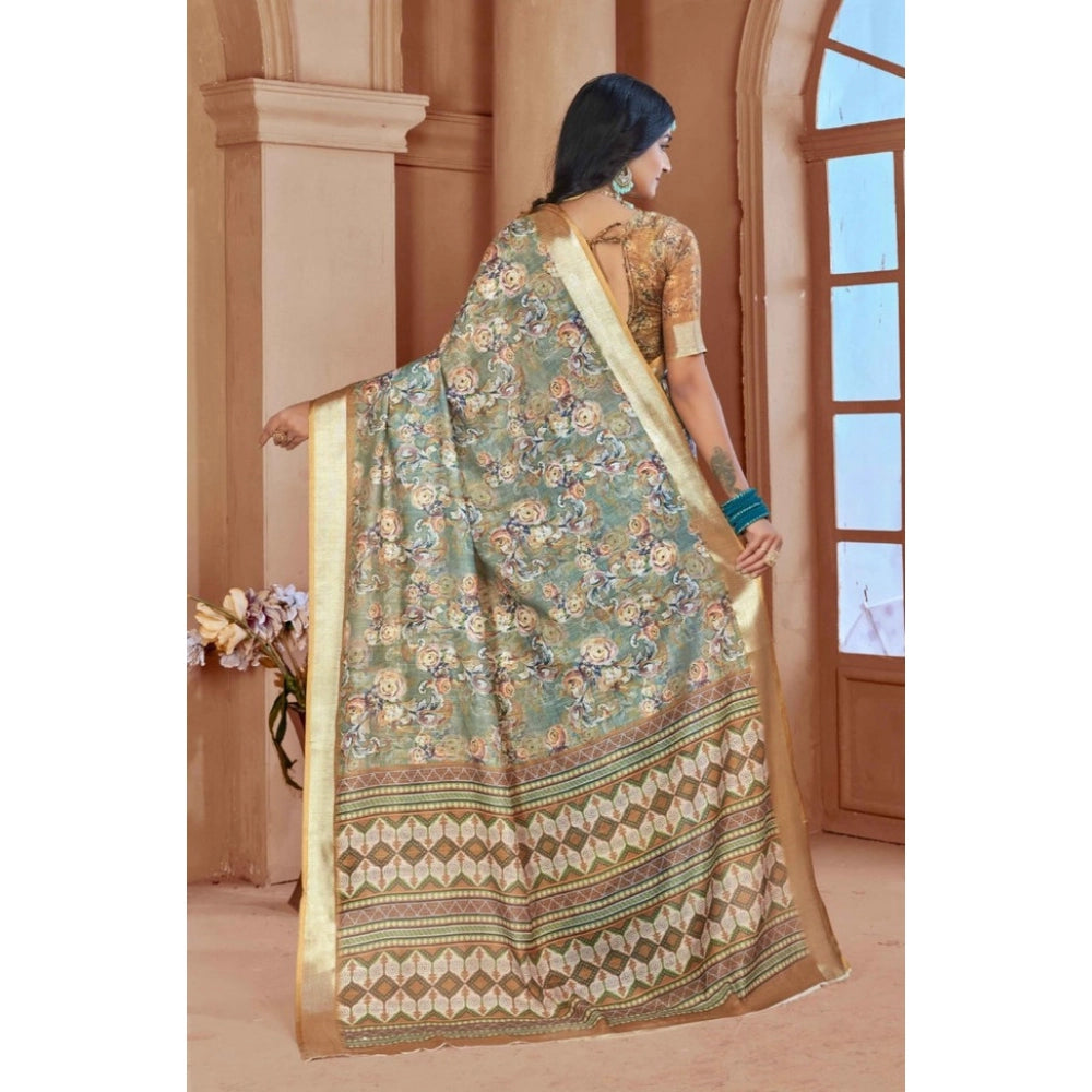 Gracious Women's Printed Cotton Linen Saree With Blouse Piece