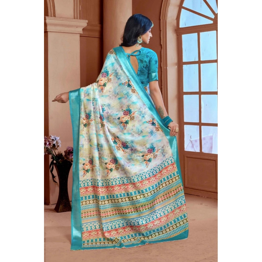 Gracious Women's Printed Cotton Linen Saree With Blouse Piece