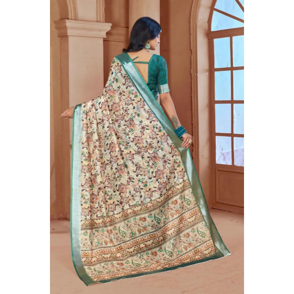 Gracious Women's Printed Cotton Linen Saree With Blouse Piece