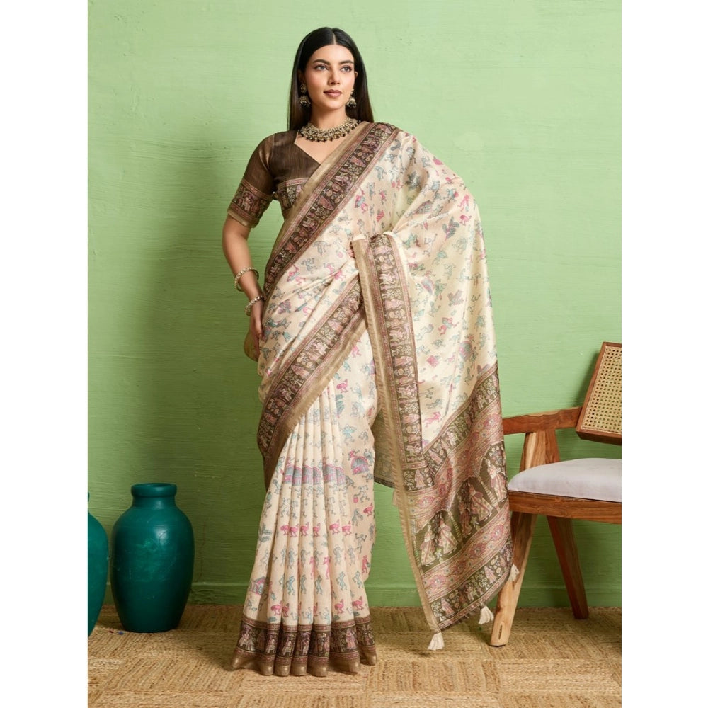 Dashing Women's Silk Blend Printed Saree With Blouse Piece