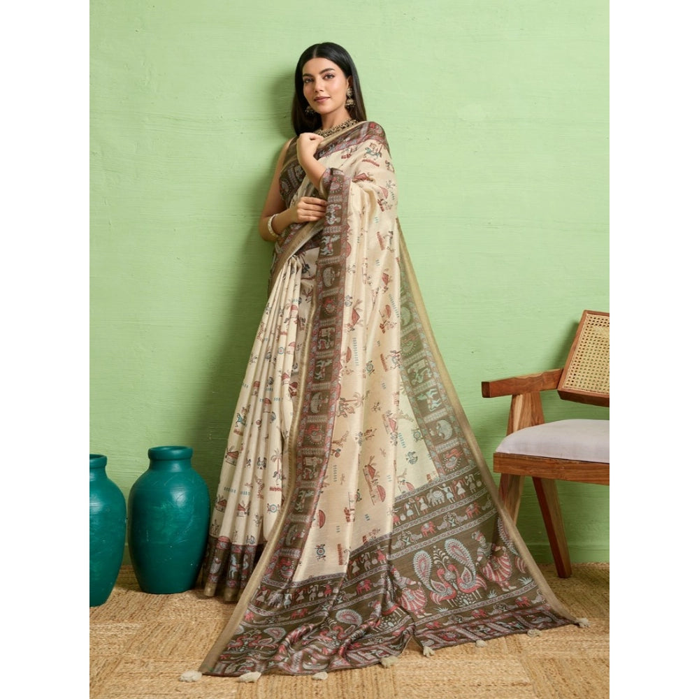 Dashing Women's Silk Blend Printed Saree With Blouse Piece