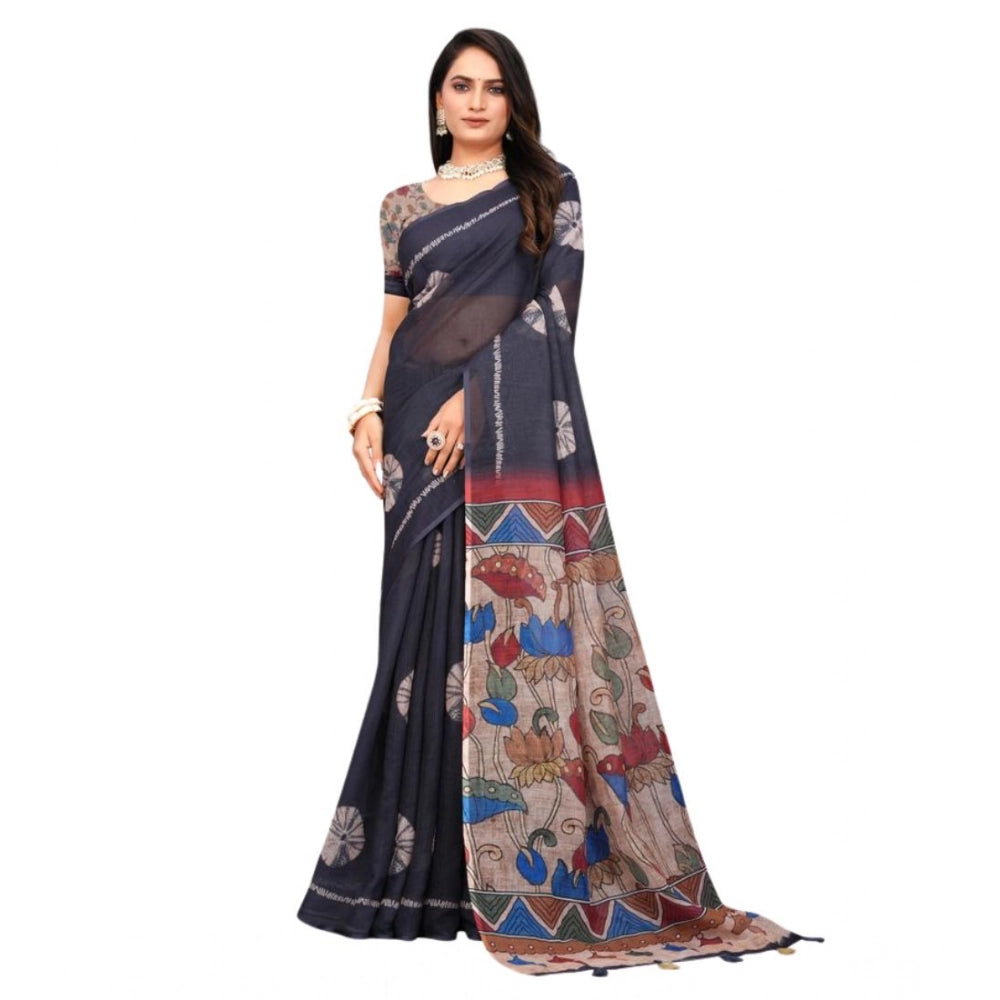 Groovy Women's Linen Printed Saree With Blouse Piece