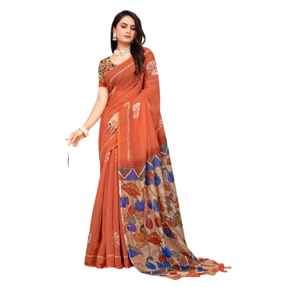 Groovy Women's Linen Printed Saree With Blouse Piece