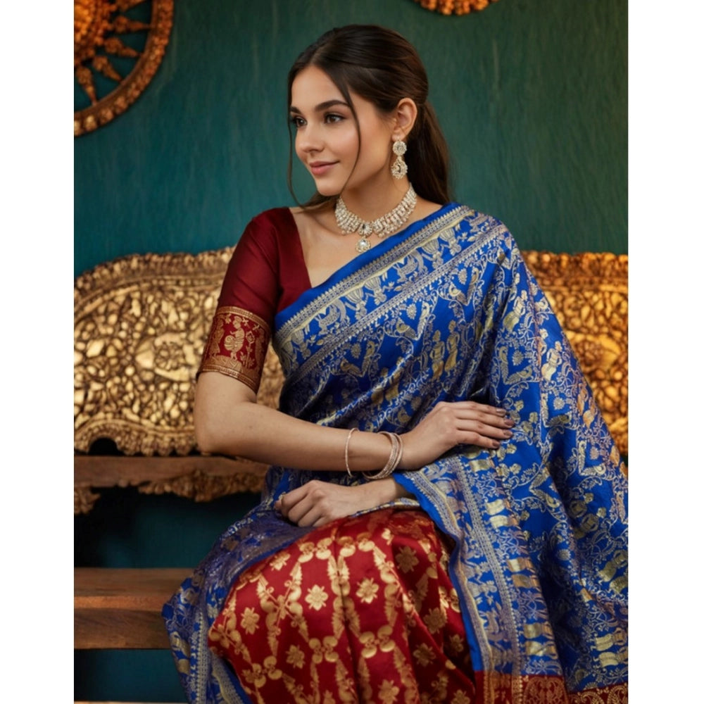 Beautiful Women's Silk Blend Zari Weaving Saree With Blouse Piece