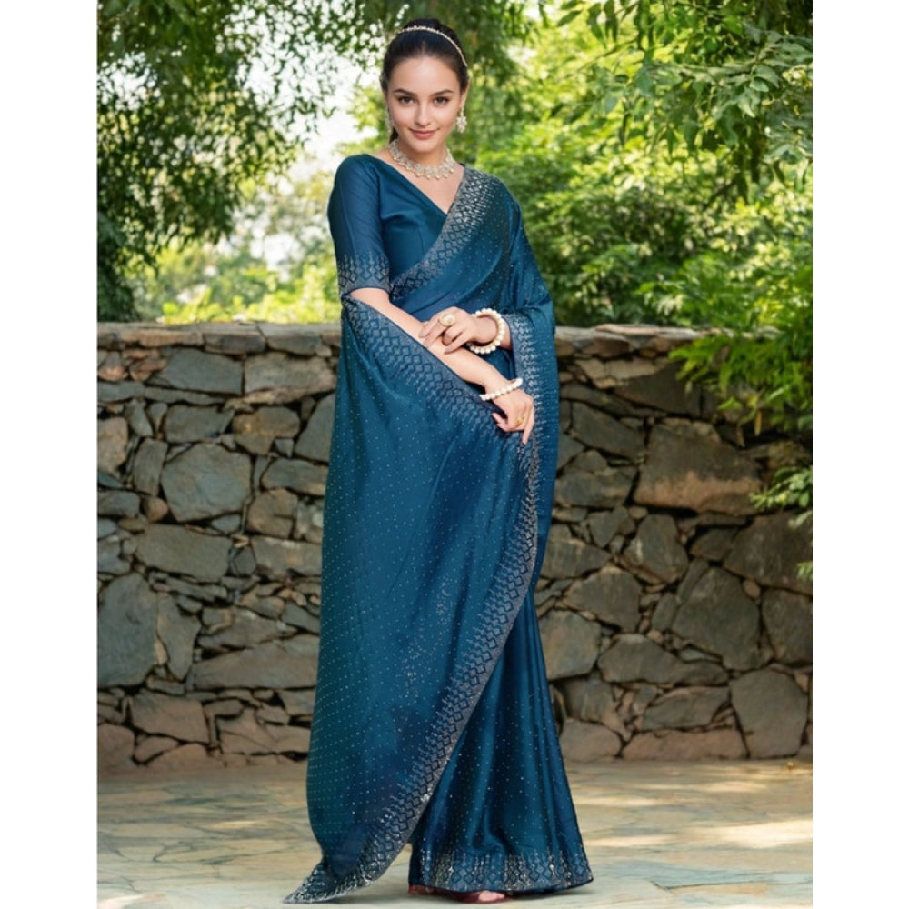 Partywear Women's Rangoli Diamond Weaving Stone Work Saree With Blouse Piece