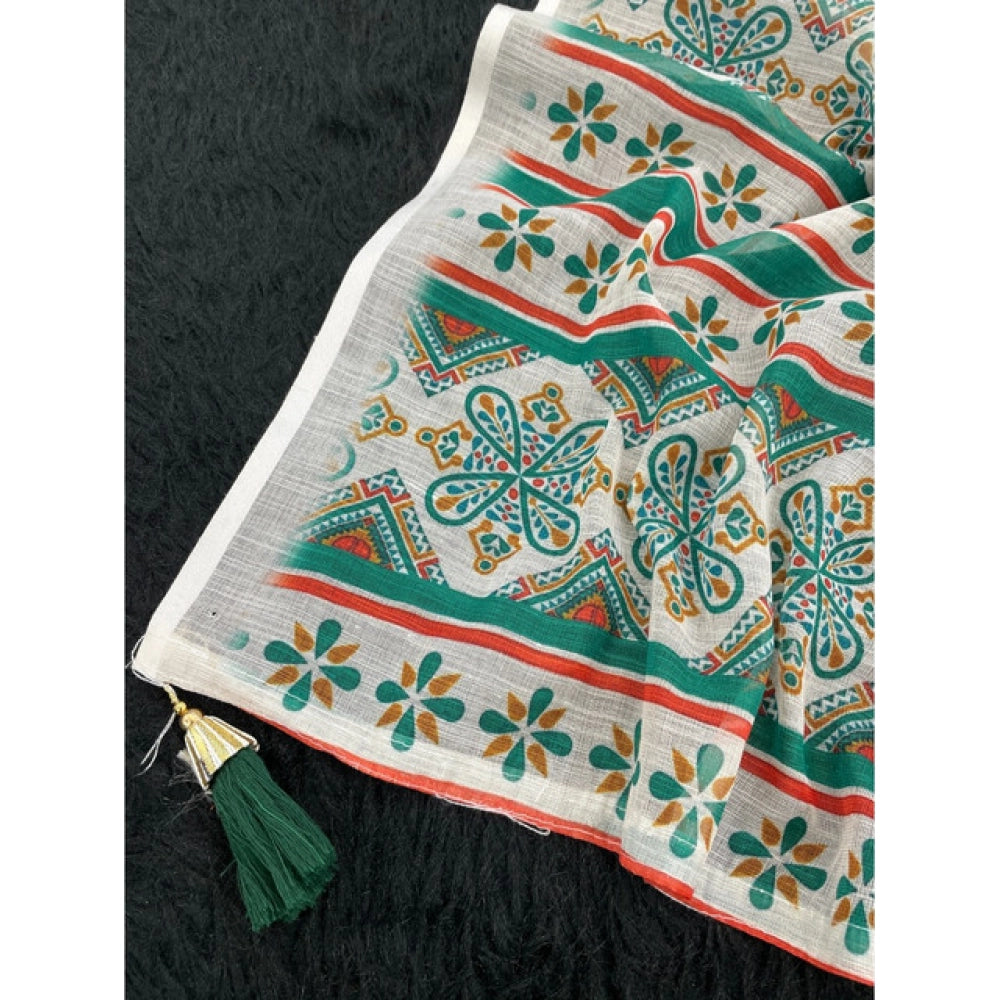Traditional Women's Linen Cotton Printed Saree With Blouse Piece