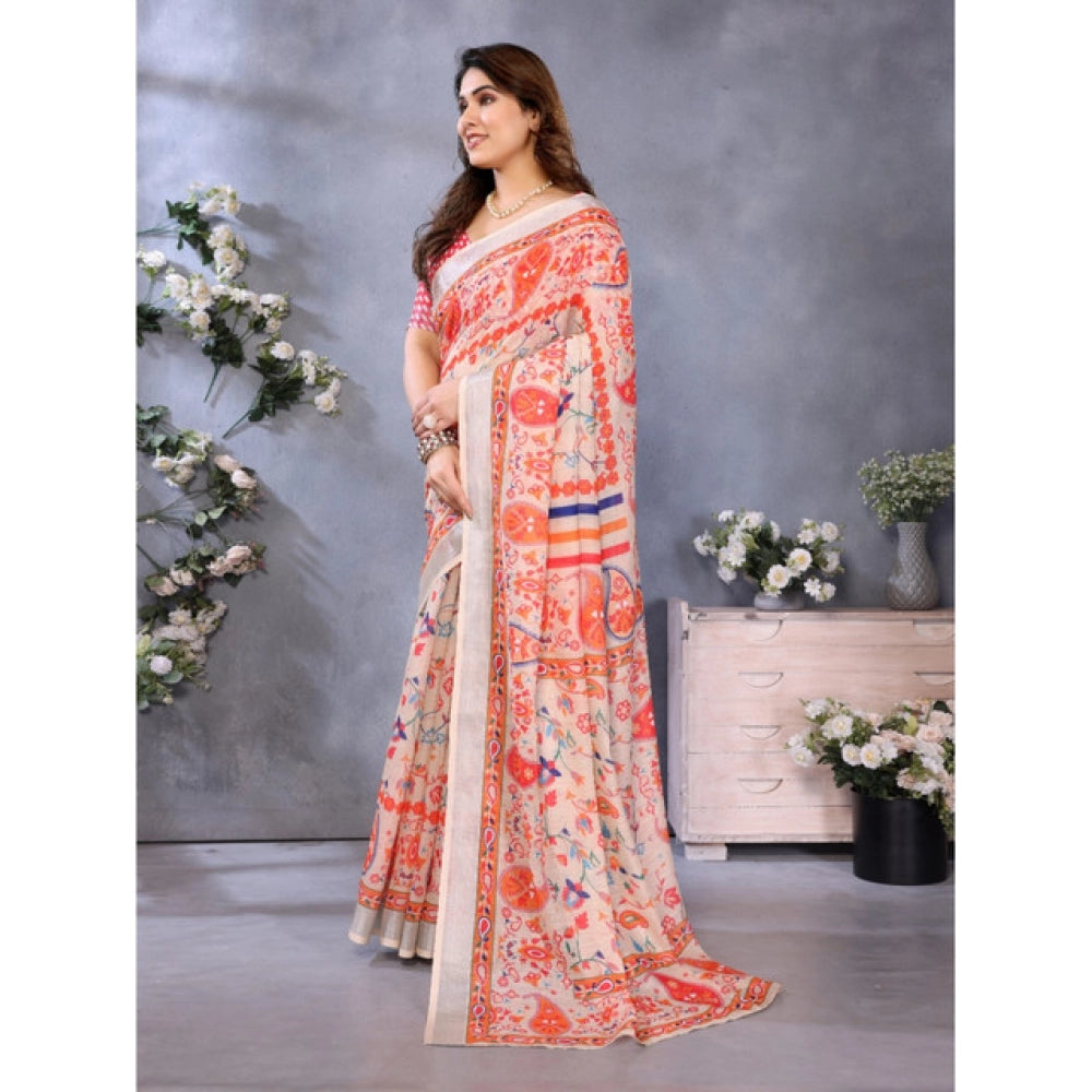Traditional Women's Linen Cotton Printed Saree With Blouse Piece