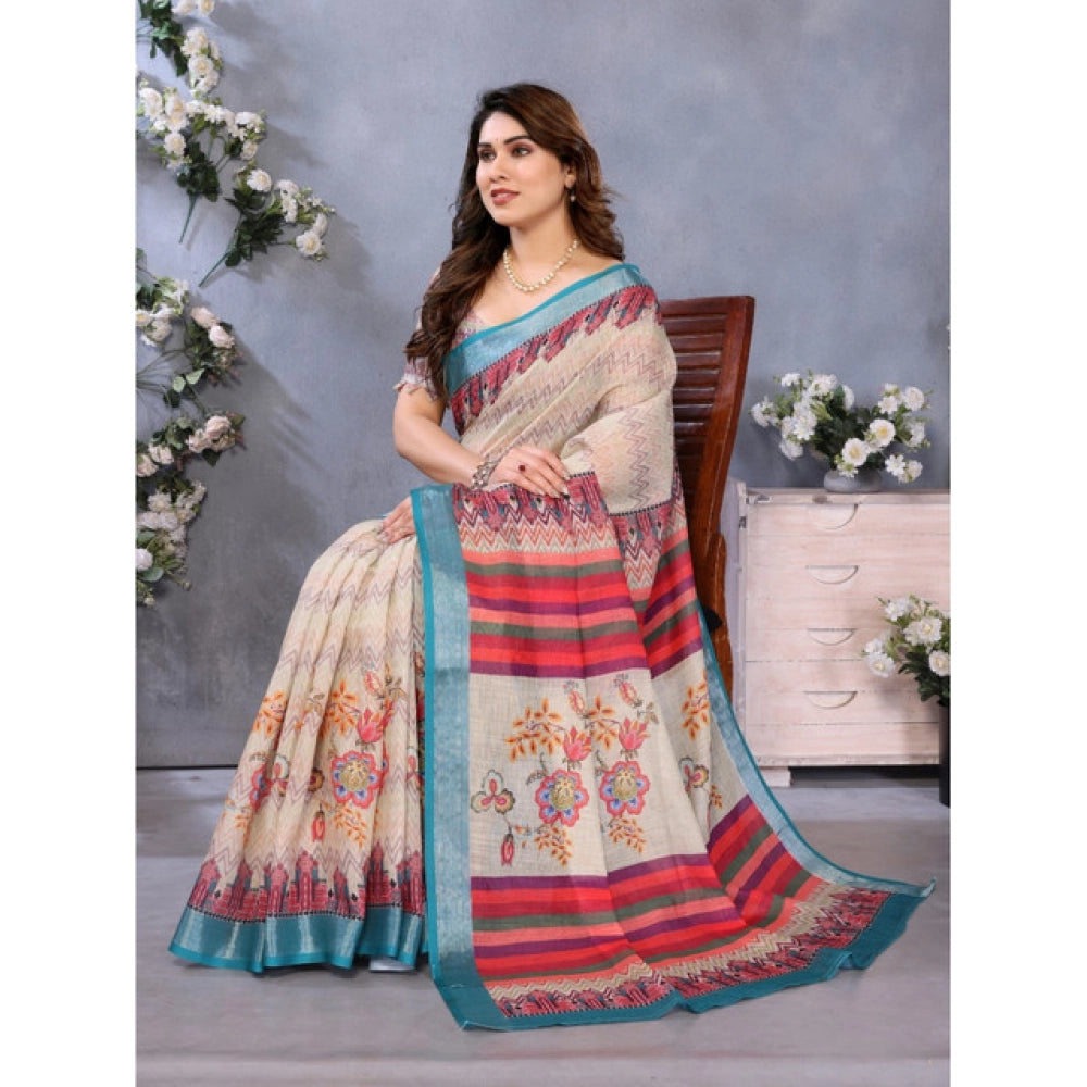 Traditional Women's Linen Cotton Printed Saree With Blouse Piece