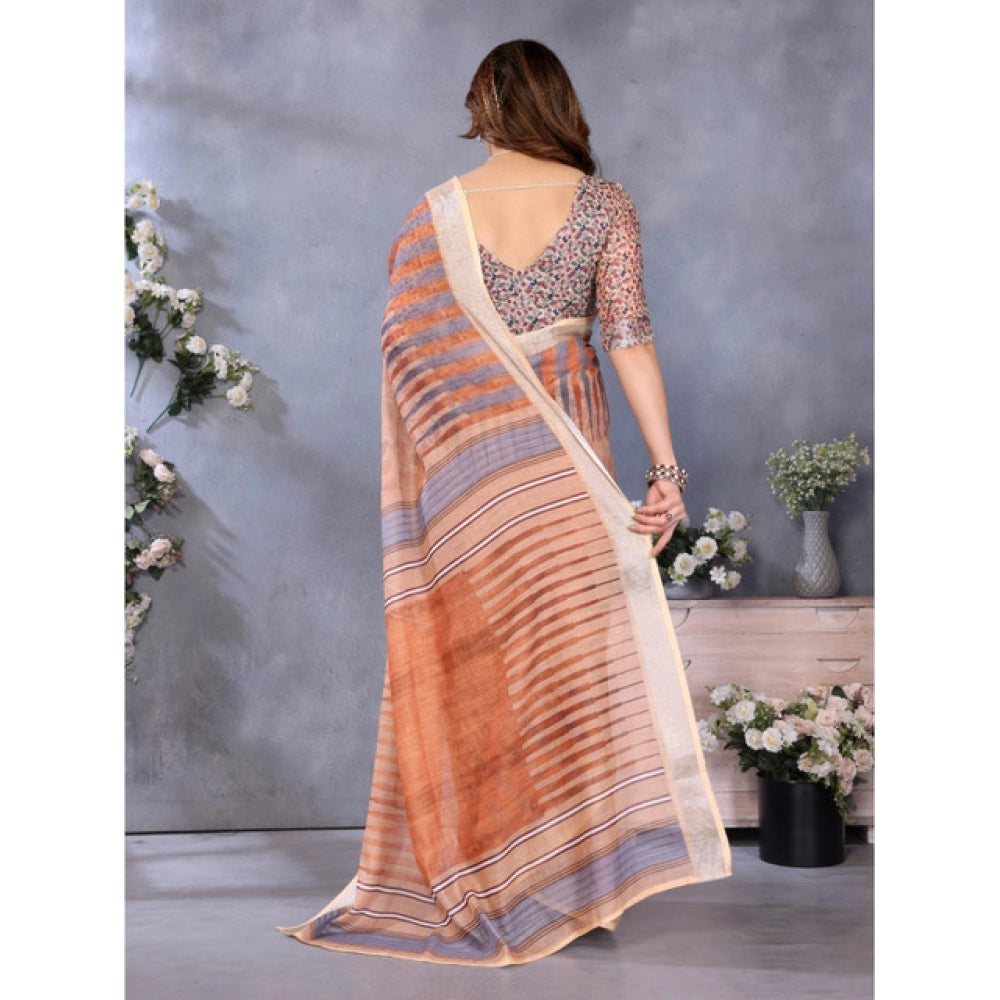 Traditional Women's Linen Cotton Printed Saree With Blouse Piece