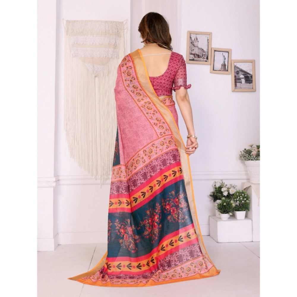 Traditional Women's Linen Cotton Printed Saree With Blouse Piece