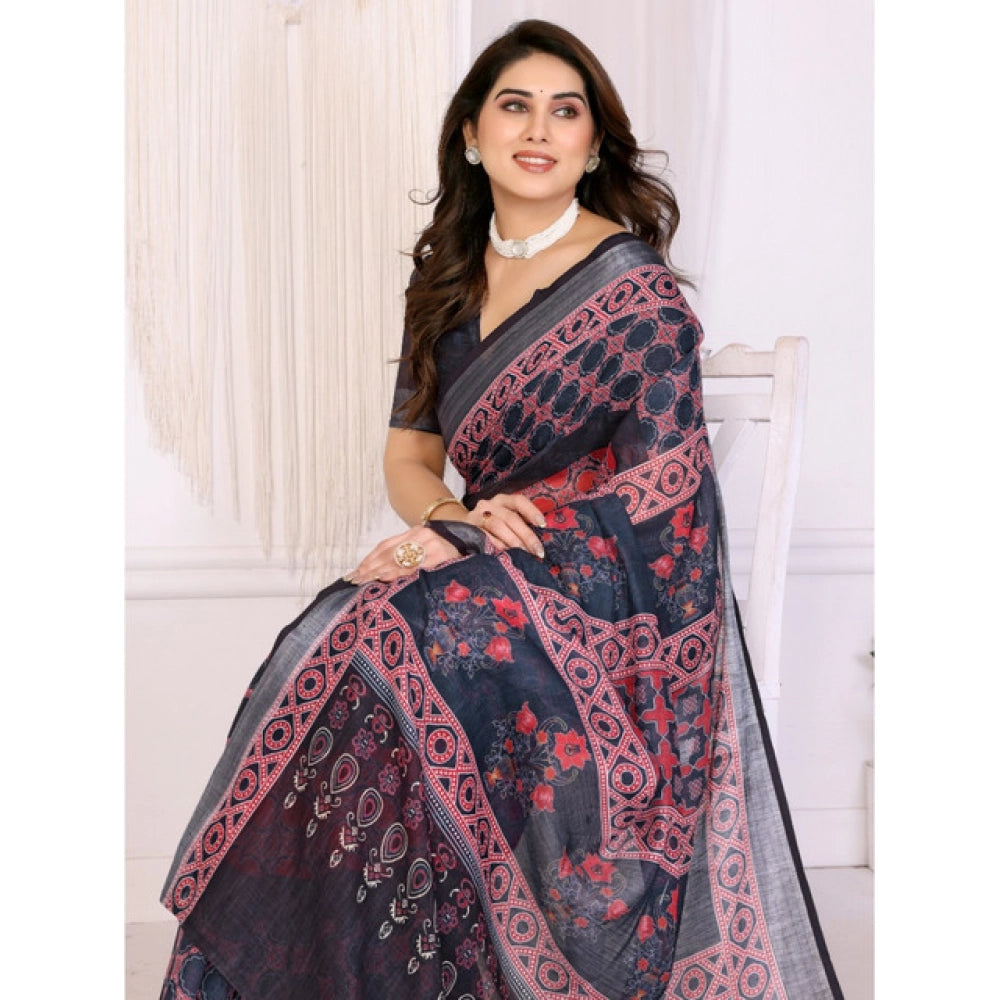 Traditional Women's Linen Cotton Printed Saree With Blouse Piece
