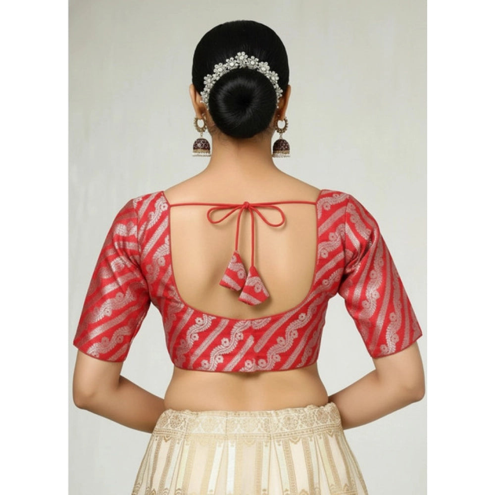 Classy Women's Jacquard Zari Round Neck Padded Blouse (Red 38 Ready, Self Alterable 36 to 40)