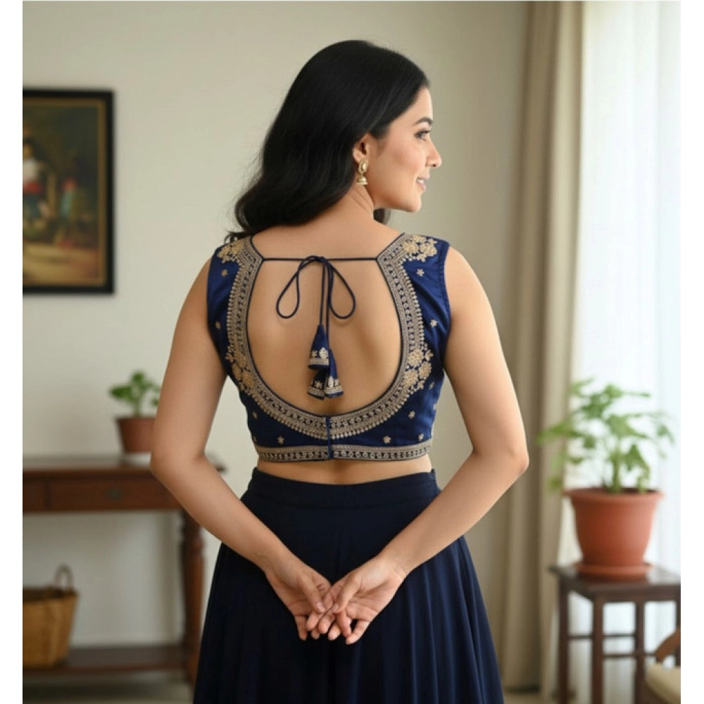 Wonderful Women's Zimmi Choo Embroidered V-Neck Padded Blouse (Navy 38 Ready, Self Alterable 36 to 40)