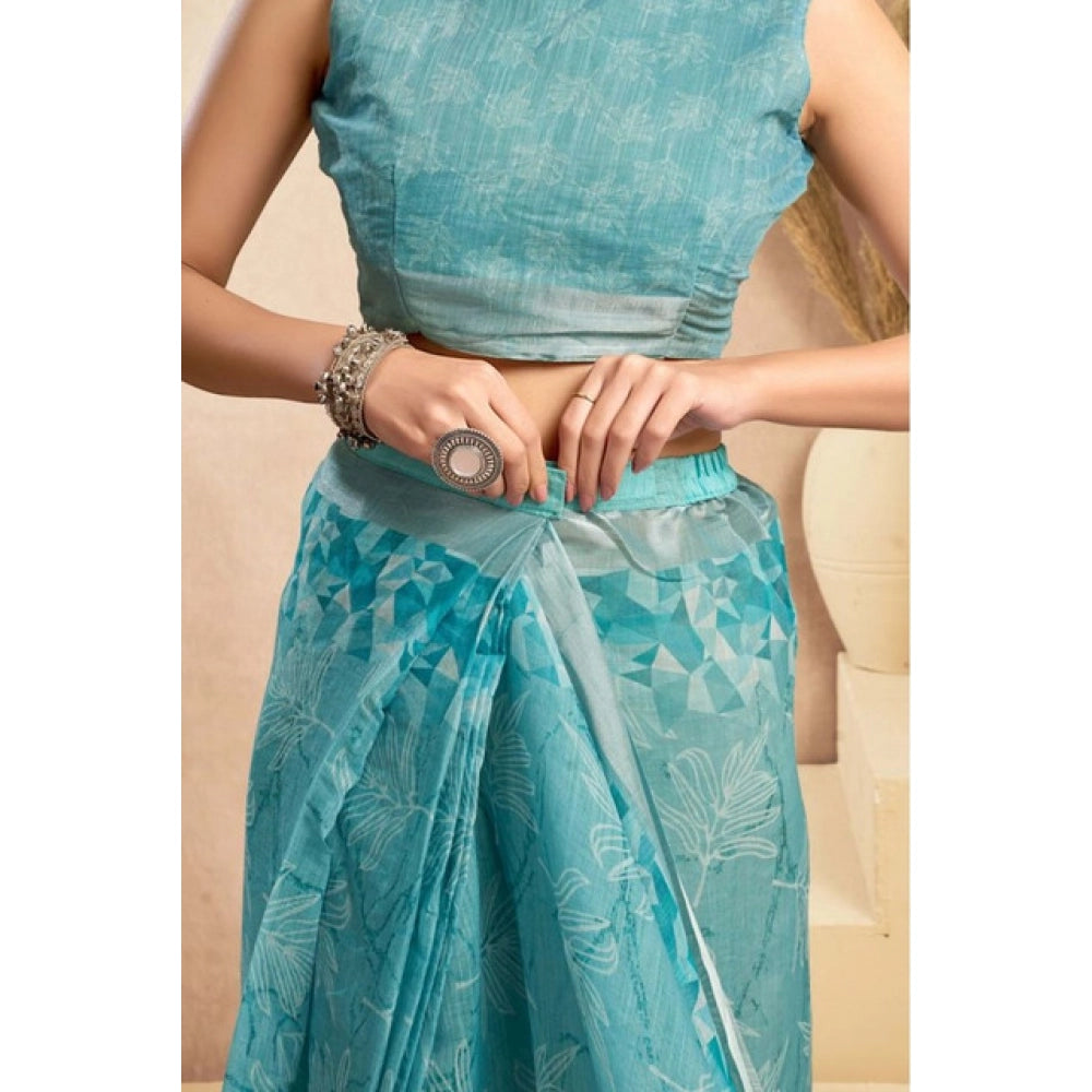 Attractive Women's Faux Linen Printed Ready-to-Wear Saree With Blouse Piece (Aqua Blue)