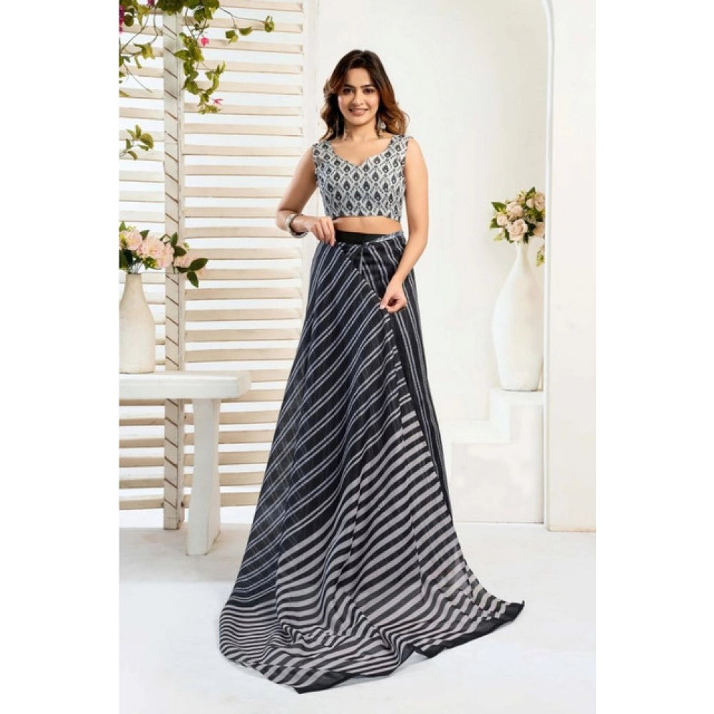 Attractive Women's Faux Linen Printed Ready-to-Wear Saree With Blouse Piece (Black)