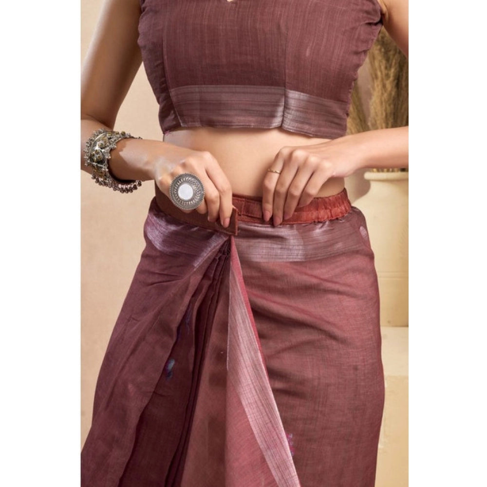 Attractive Women's Faux Linen Printed Ready-to-Wear Saree With Blouse Piece (Brown)