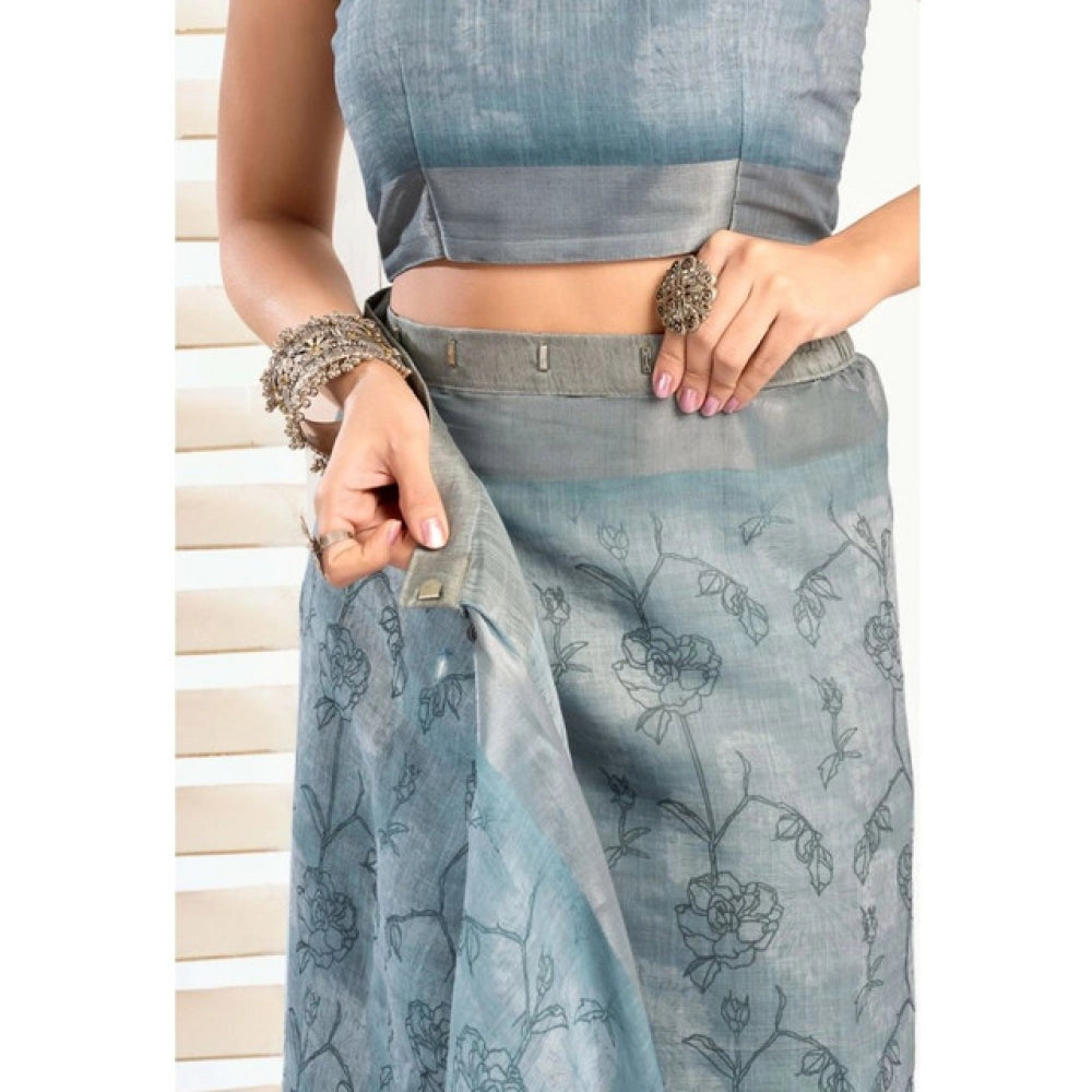 Attractive Women's Faux Linen Printed Ready-to-Wear Saree With Blouse Piece (Light Blue)