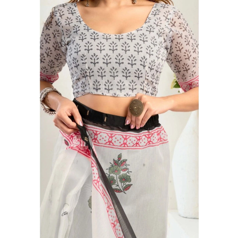 Attractive Women's Faux Linen Printed Ready-to-Wear Saree With Blouse Piece (White)