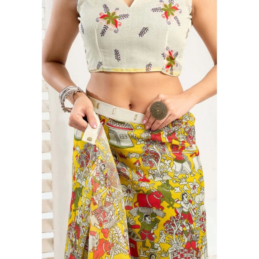 Designer Women's Faux Linen Printed Ready-to-Wear Saree With Blouse Piece (Multicolor)